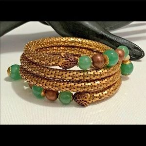1940s Gold Tone Mesh Coil Bracelet with Jade Beads